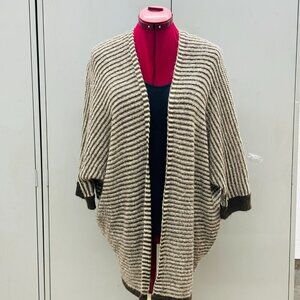 Pink Rose Acrylic Open Front Cardigan Size Medium  Brown Cream Striped Knit